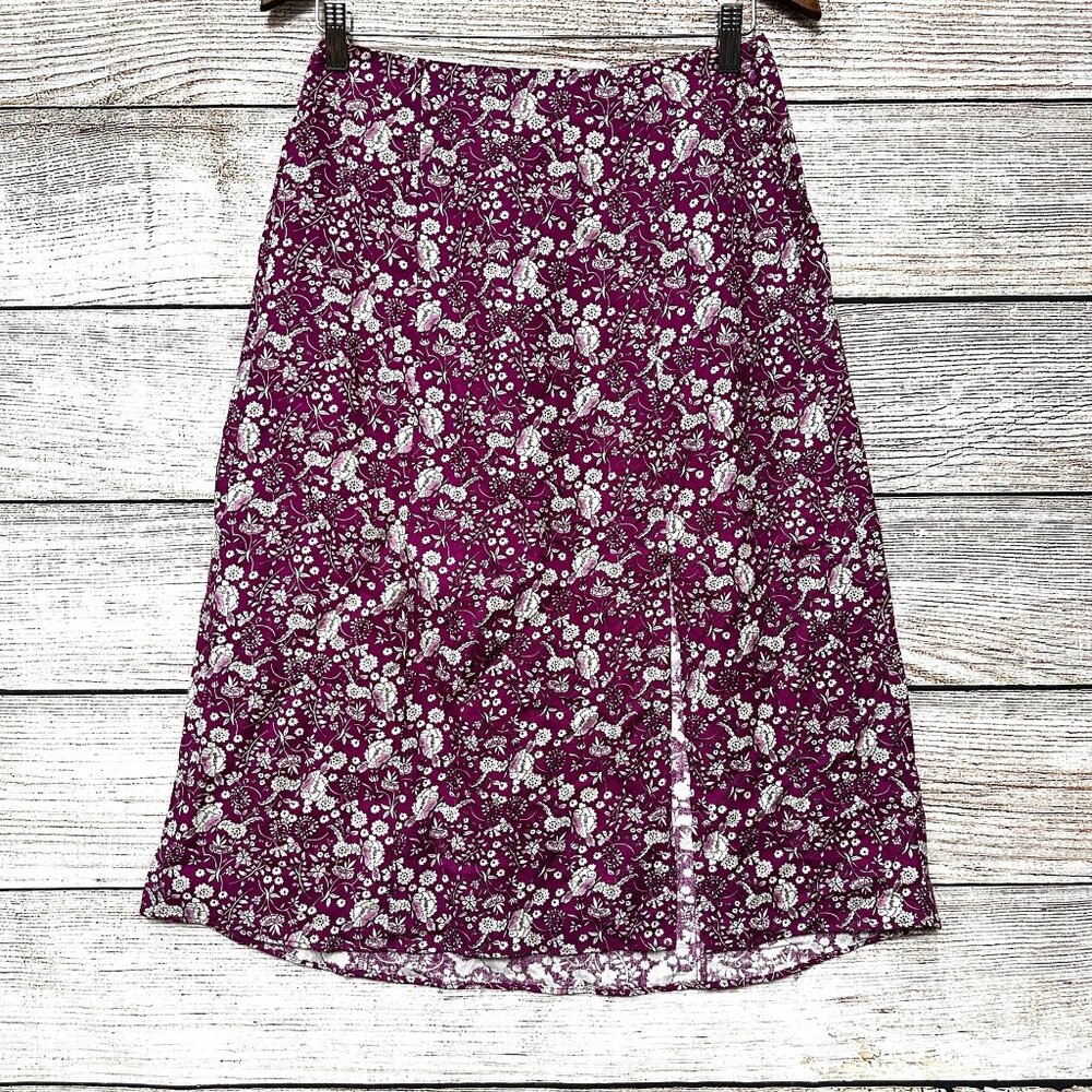 LOFT Petites 2P Floral A-Line Skirt Purple White Linen Blend Midi Slit Side - Picture 1 of 8